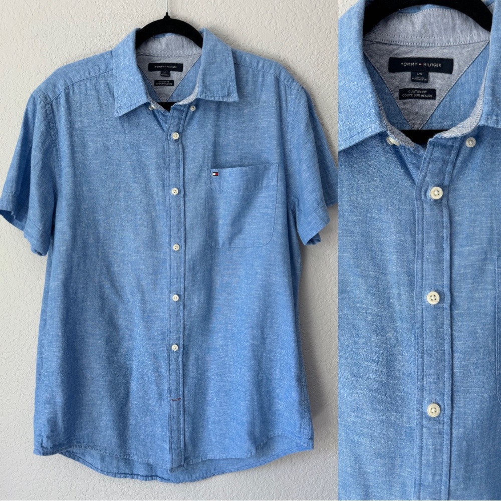 Tommy Hilfiger Blue Short Sleeve Button Down Linen Cotton Blend Men's Size Large